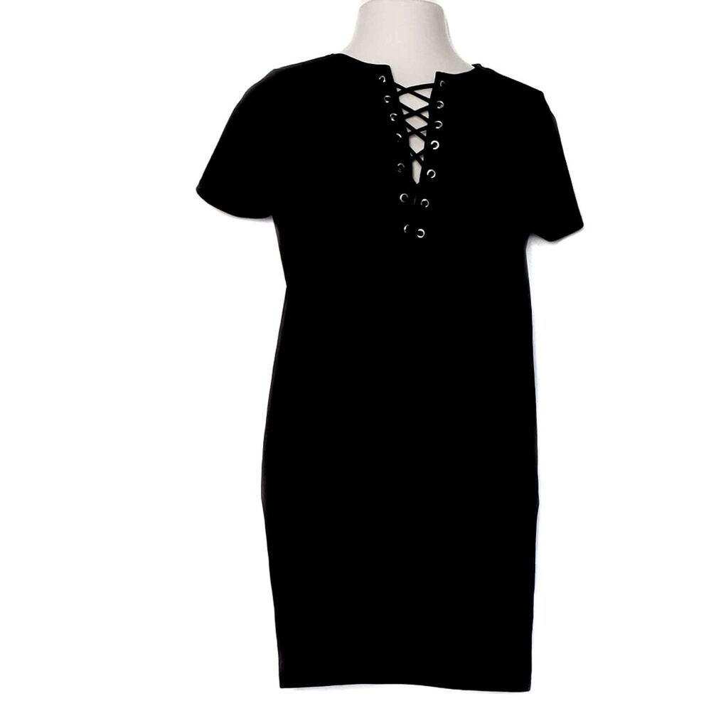 Black Stretchy Short Sleeve Deep Plunge Lace-up Neckline Dress Sz M